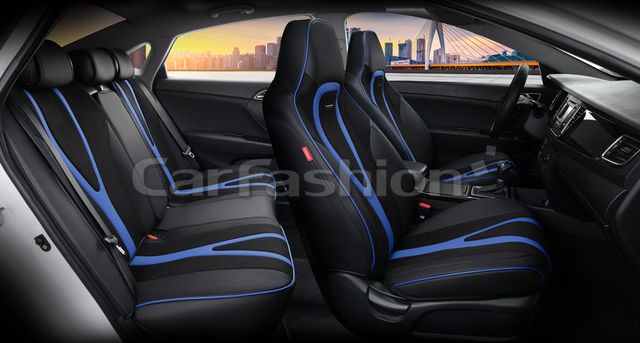 Чехлы универсальные каркасные CarFashion 5D Integral Plus на сидения авто, цвет Черный/Черный/Синий. Артикул 27247
