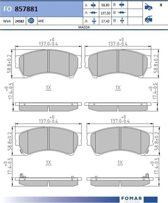 Тормозные колодки Fomar передние для Mazda 6 II (GH) 2007-2013. Артикул FO 857881