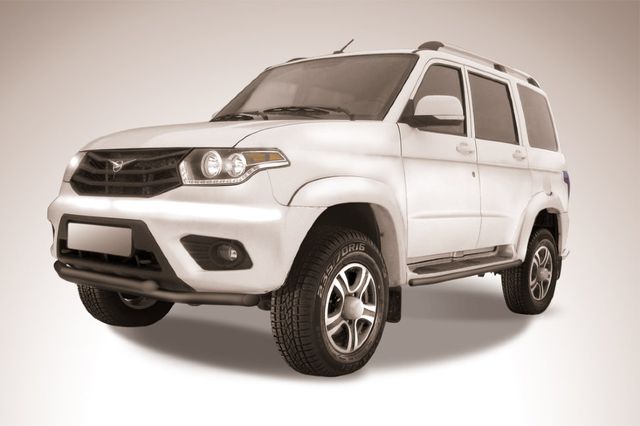 Защита Slitkoff переднего бампера d57+d57 двойная для УАЗ Patriot I рестайлинг 2014-2026 Черная. Артикул UP14-003B