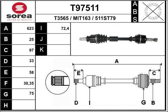 Полуось (привод в сборе, приводной вал) EAI. Артикул T97511