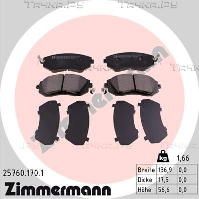 Тормозные колодки Zimmermann передние для Subaru Forester IV 2013-2018. Артикул 25760.170.1