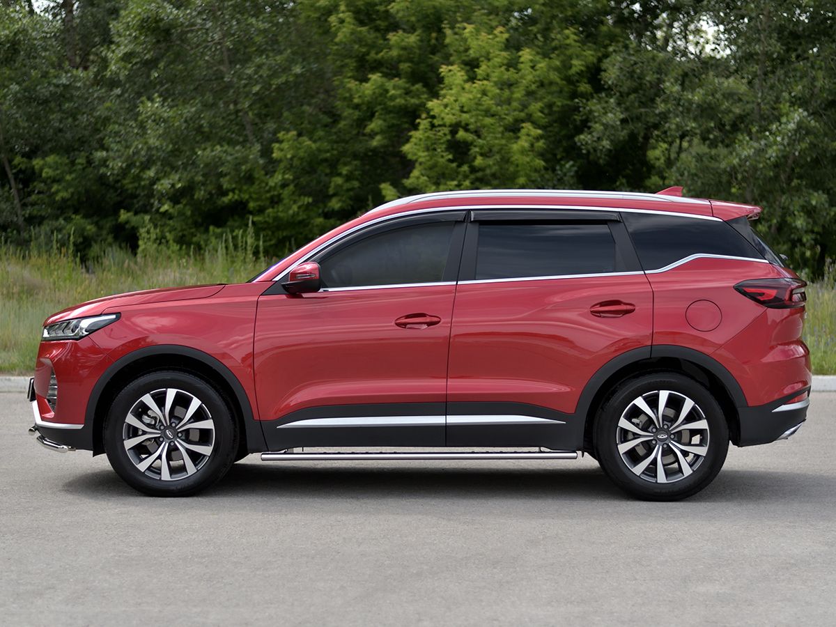 Защита порогов RusStal труба d75х42 овал с проступью для Chery Tiggo 7 Pro 2020-2026. Артикул CHT7O-003875