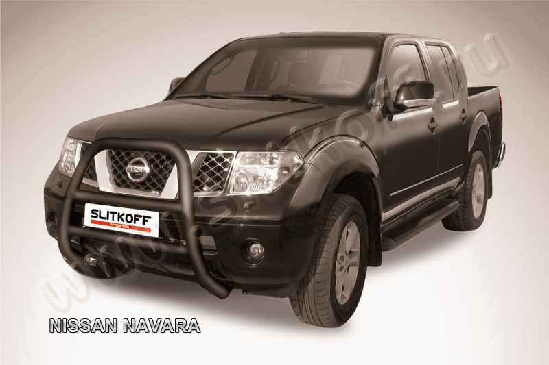 Кенгурятник Slitkoff d76 высокий ЧЕРНЫЙ матовый для Nissan Navara D40 2005-2010. Артикул NIN002B