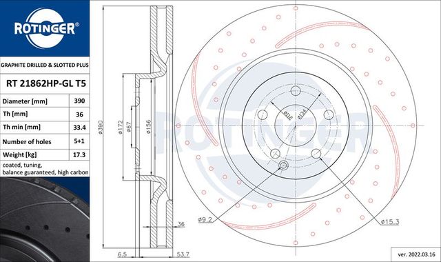 Тормозной диск Rotinger GRAPHITE DRILLED & SLOTTED PLUS передний для Mercedes-Benz S-Класс V (W221) 2005-2013. Артикул RT 21862HP-GL T5