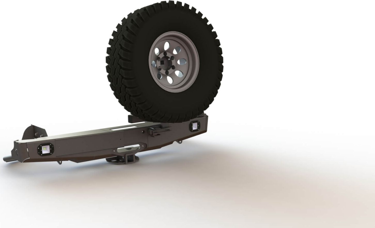 Бампер силовой STC задний для Toyota Hilux VII 2004-2015 с квадратом под фаркоп, площадкой под лебедку, кронштейном крепления запасного колеса по центру, кронштейном крепления гос номера и фарами заднего хода/ ПТФ. Артикул STC-TH05-BR-W-C1-L2