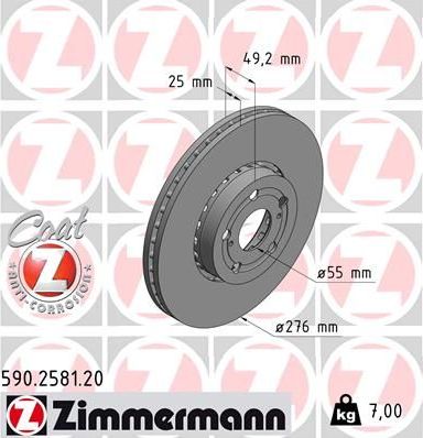 Тормозной диск Zimmermann Coat Z передний для Toyota Avensis I 1997-2003. Артикул 590.2581.20