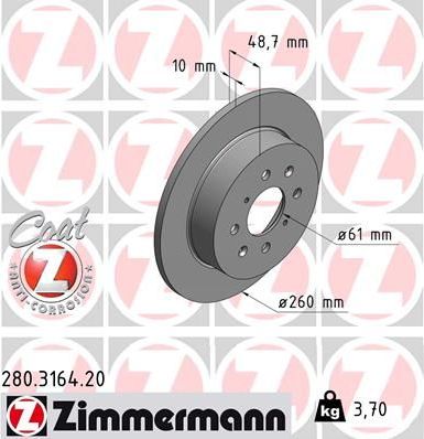 Тормозной диск Zimmermann Coat Z задний для MG ZR 2001-2005. Артикул 280.3164.20