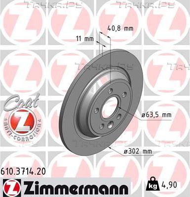 Тормозной диск Zimmermann Coat Z задний для Volvo V70 III 2007-2016. Артикул 610.3714.20