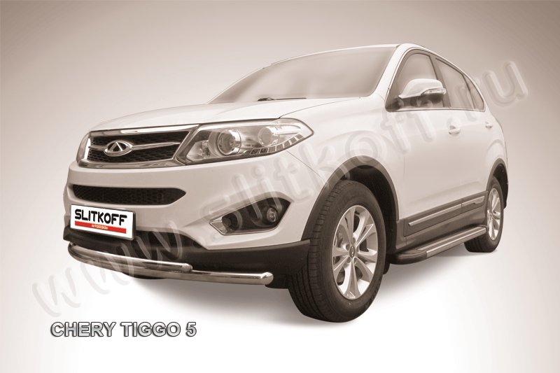 Защита Slitkoff переднего бампера d57/42 двойная радиусная для Chery Tiggo 5 2014-2020. Артикул CT5-002