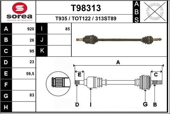 Полуось (привод в сборе, приводной вал) EAI. Артикул T98313