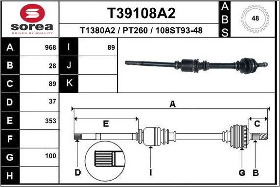 Полуось (привод в сборе, приводной вал) EAI. Артикул T39108A2