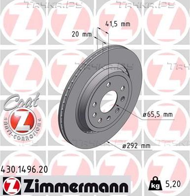 Тормозной диск Zimmermann Coat Z задний для Opel Vectra C 2002-2009. Артикул 430.1496.20