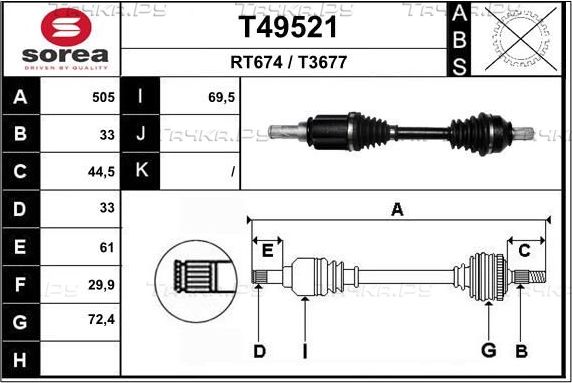 Полуось (привод в сборе, приводной вал) EAI. Артикул T49521