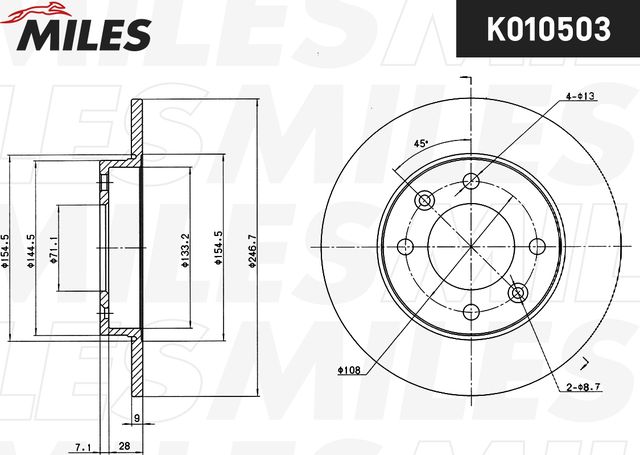 Тормозной диск Miles задний для Citroen C2 2003-2010. Артикул K010503