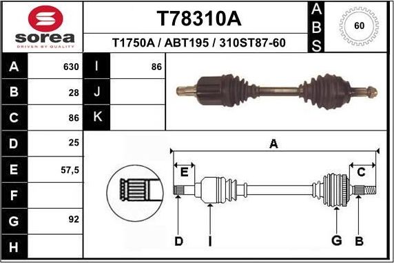 Полуось (привод в сборе, приводной вал) EAI. Артикул T78310A