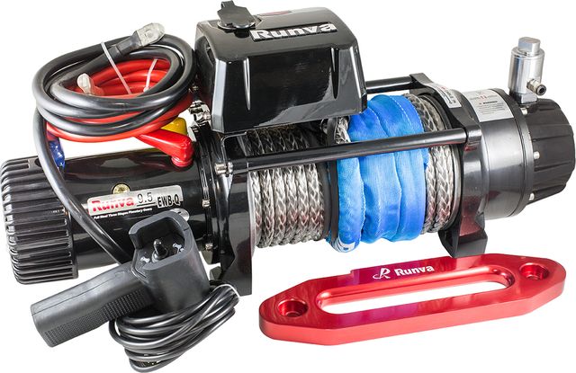 Лебёдка электрическая 12V Runva 9500 lbs 4350 кг влагозащищенная, синтетический трос, пневмороспуск. Артикул EWB9500-Q-SRAC