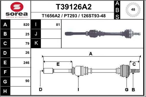 Полуось (привод в сборе, приводной вал) EAI. Артикул T39126A2