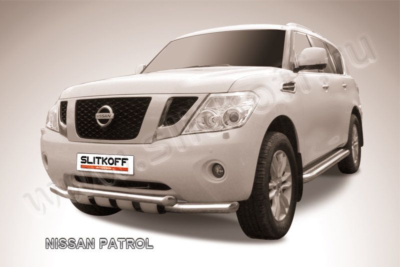 Защита Slitkoff переднего бампера d57/57 двойная с защитой картера для Nissan Patrol Y62 2012-2014. Артикул NIPAT003
