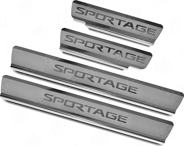 Накладки RusStal на пороги (лист нерж. шлифованный с надписью) для Kia Sportage IV 2016-2026. Артикул KISP16-03