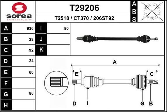 Полуось (привод в сборе, приводной вал) EAI. Артикул T29206