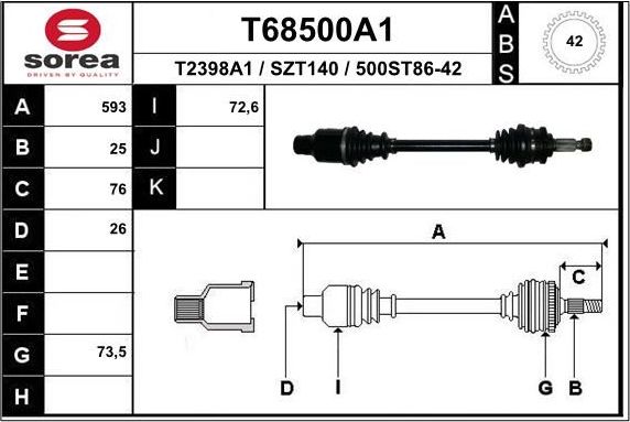 Полуось (привод в сборе, приводной вал) EAI. Артикул T68500A1