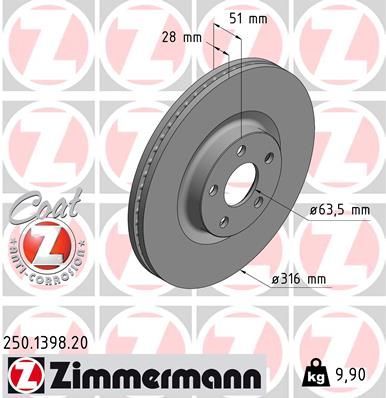 Тормозной диск Zimmermann Coat Z передний для Ford S-MAX II 2017-2026. Артикул 250.1398.20