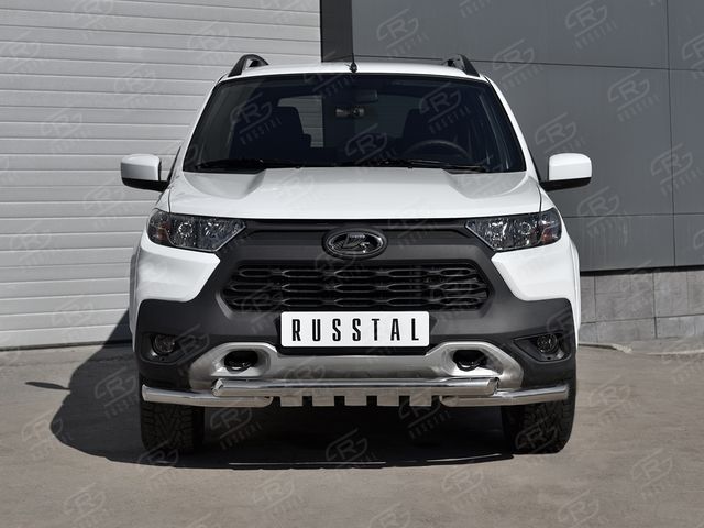 Защита RusStal переднего бампера d63 (секции) d63 (уголки+клыки) для Lada Niva Travel 2021-2026. Артикул LNTZ-003560