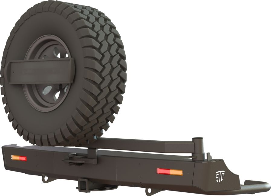 Бампер силовой STC задний для Volkswagen Amarok I 2010-2026 с квадратом под фаркоп, кронштейном крепления запасного колеса по центру, кронштейном крепления гос номера и дублирующими фонарями. Артикул STC-VA-BR-C1-L1