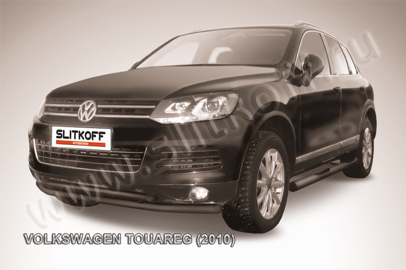 Защита Slitkoff переднего бампера d57/57 двойная ЧЕРНАЯ матовая для Volkswagen Touareg II 2010-2014. Артикул VWTR-004B
