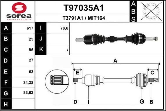 Полуось (привод в сборе, приводной вал) EAI передняя левая для Mitsubishi Lancer IX 2003-2013. Артикул T97035A1