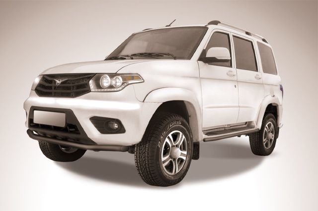 Защита Slitkoff переднего бампера d57 для УАЗ Patriot I рестайлинг 2014-2026 Черная. Артикул UP14-004B