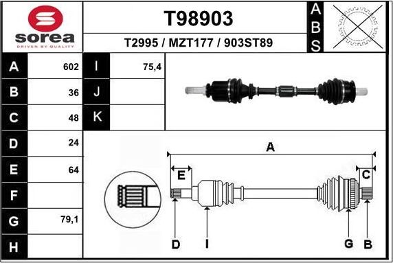 Полуось (привод в сборе, приводной вал) EAI. Артикул T98903