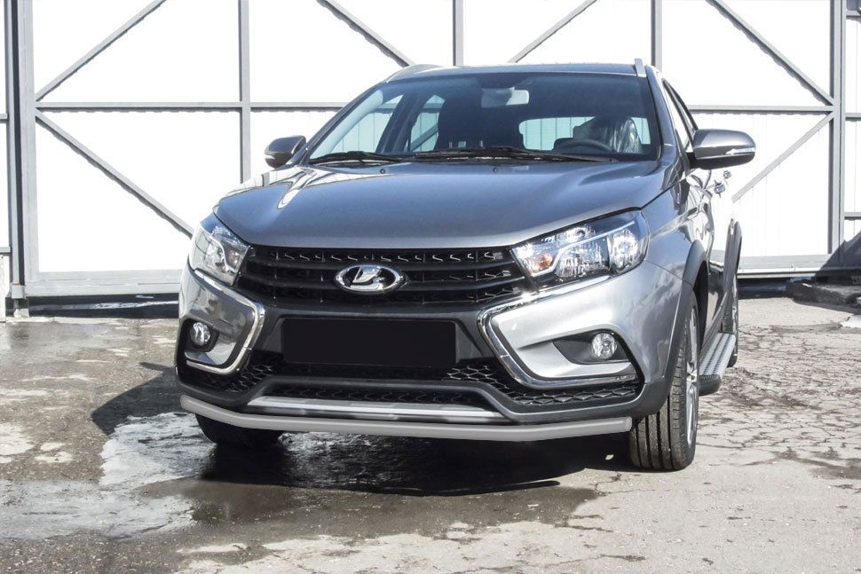 Защита Slitkoff переднего бампера d42 для Lada Vesta SW Cross 2017-2026 Серебристая. Артикул LadVSWCR03S