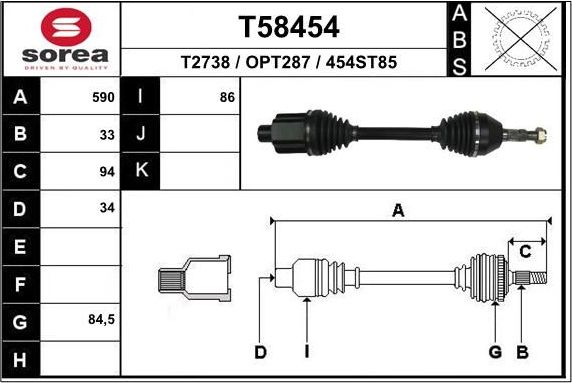 Полуось (привод в сборе, приводной вал) EAI передняя правая для Opel Astra J 2009-2015. Артикул T58454