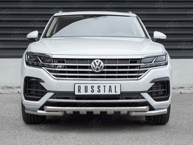 Защита РусCталь переднего бампера d63 дуга-d63 уголки+клыки для Volkswagen Touareg III 2018-2026 (кроме 2.0 TSI). Артикул VWTZ-003059