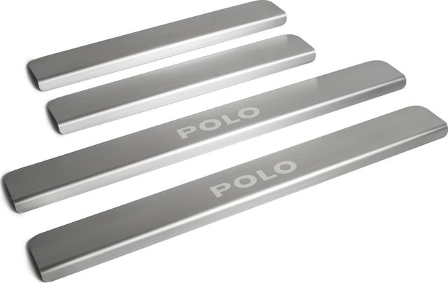 Накладки Rival на пороги (с надписью) для Volkswagen Polo VI 2020-2026. Артикул NP.5810.3