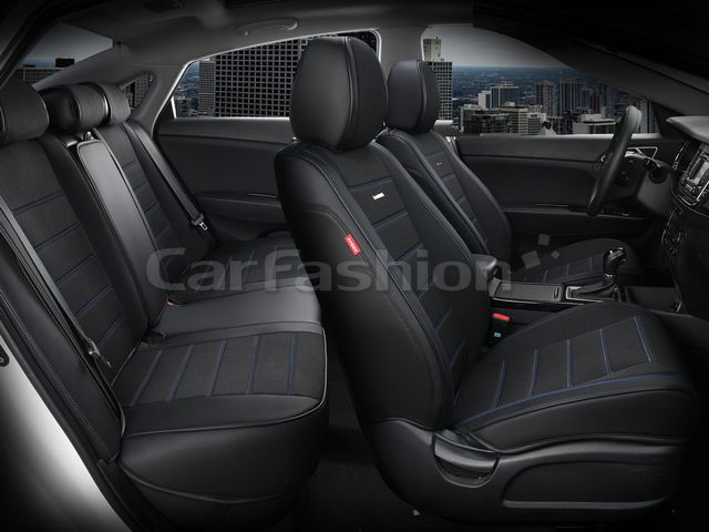 Чехлы универсальные каркасные CarFashion 5D Mayer Plus на сидения авто, цвет Черный/Черный/Синий. Артикул 27004