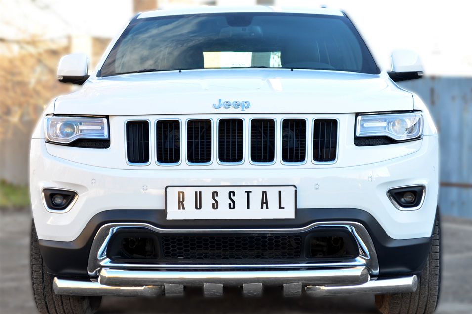 Защита RusStal переднего бампера 75х42 (дуга) 75х42 (дуга) + клыки для Jeep Grand Cherokee WK2 2013-2026. Артикул JGCZ-001528