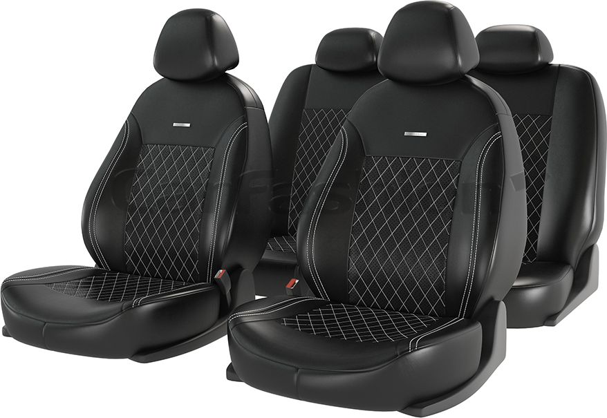 Чехлы универсальные CarFashion Atom Leather Ромб на сидения авто, цвет Черный/Черный/Белый. Артикул 11146