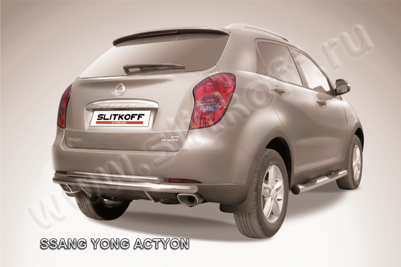 Защита Slitkoff заднего бампера d57+d42 двойная длинная для SsangYong Actyon II 2010-2013. Артикул SYA009