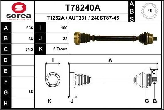 Полуось (привод в сборе, приводной вал) EAI передняя правая для Audi A4 I (B5) 1995-2001. Артикул T78240A