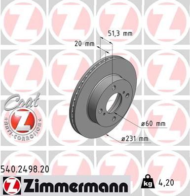 Тормозной диск Zimmermann Coat Z передний для Nissan Pixo 2009-2013. Артикул 540.2498.20