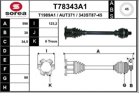 Полуось (привод в сборе, приводной вал) EAI передняя левая для Audi A4 II (B6) 2000-2004. Артикул T78343A1