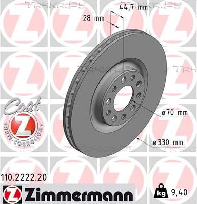 Тормозной диск Zimmermann Coat Z передний для Alfa Romeo Giulia II (952) 2016-2026. Артикул 110.2222.20