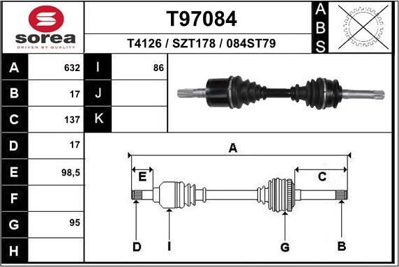Полуось (привод в сборе, приводной вал) EAI. Артикул T97084