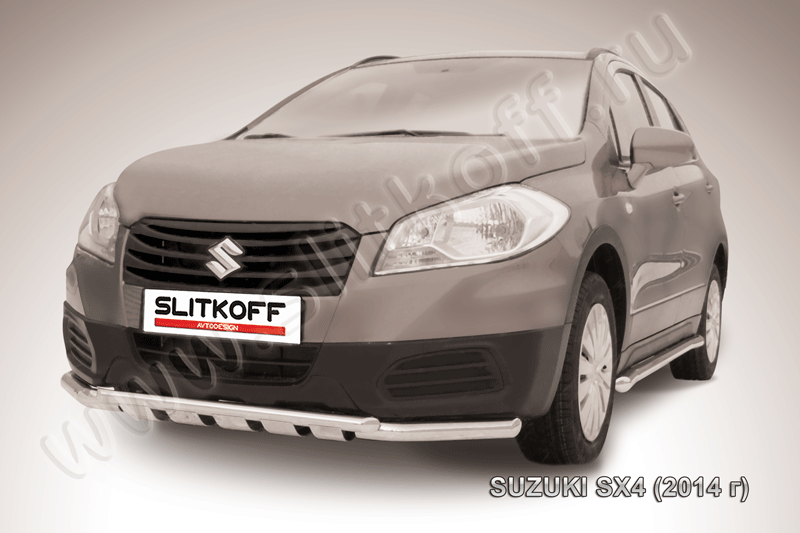 Защита Slitkoff переднего бампера d57/42 двойная с профильной защитой картера для Suzuki SX4 II 2014-2026. Артикул SSX4-14-001