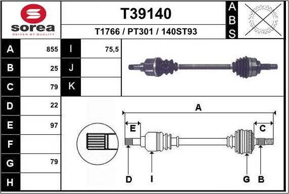 Полуось (привод в сборе, приводной вал) EAI. Артикул T39140