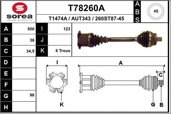 Полуось (привод в сборе, приводной вал) EAI передняя правая для Audi A6 II (C5) 2001-2005. Артикул T78260A