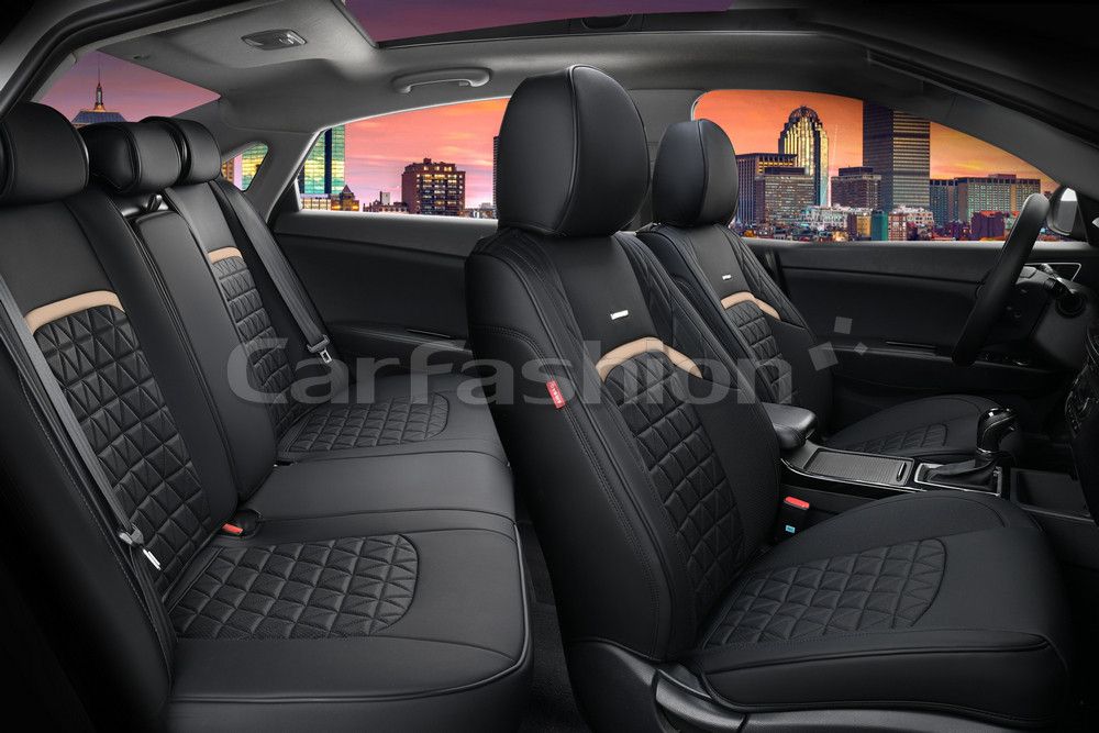 Комплект универсальных каркасных чехлов CarFashion 5D Boomerang Plus на сидения авто, цвет Бежевый/Черный. Артикул 27040
