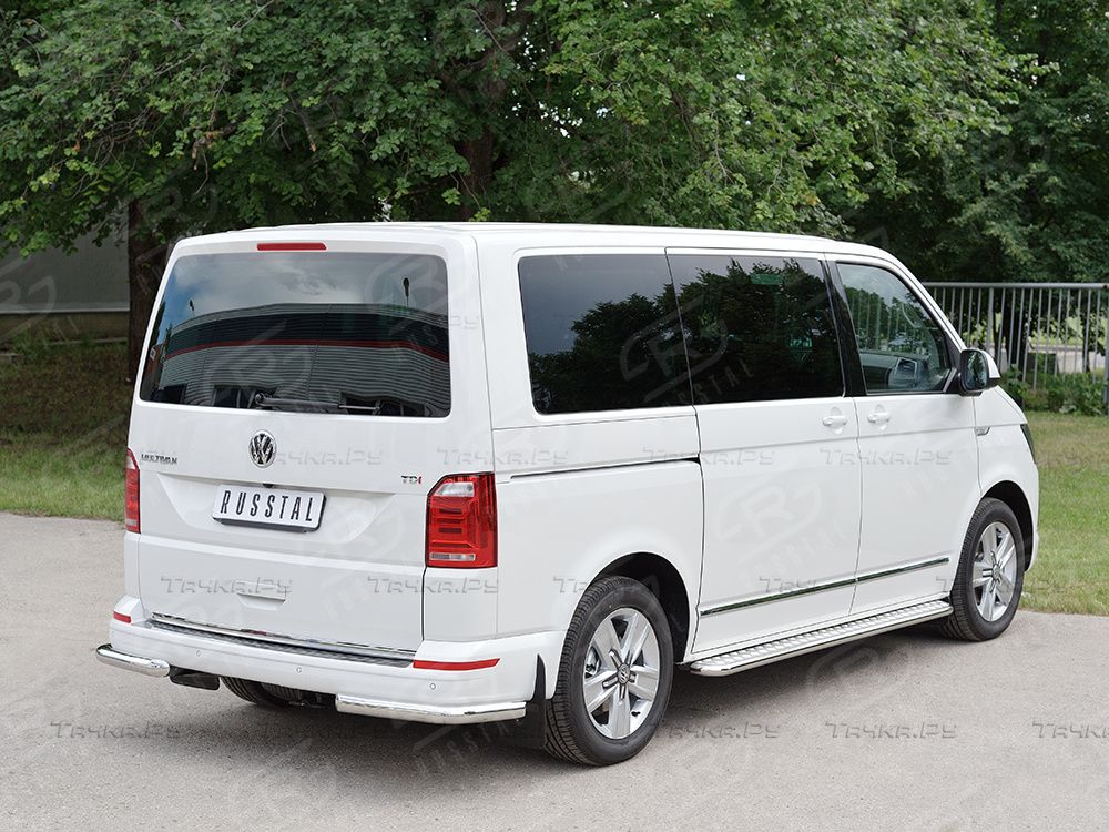 Защита RusStal заднего бампера уголки d63 секция для Volkswagen Transporter T6 (длинная база) 2015-2026. Артикул VCTZ-002323